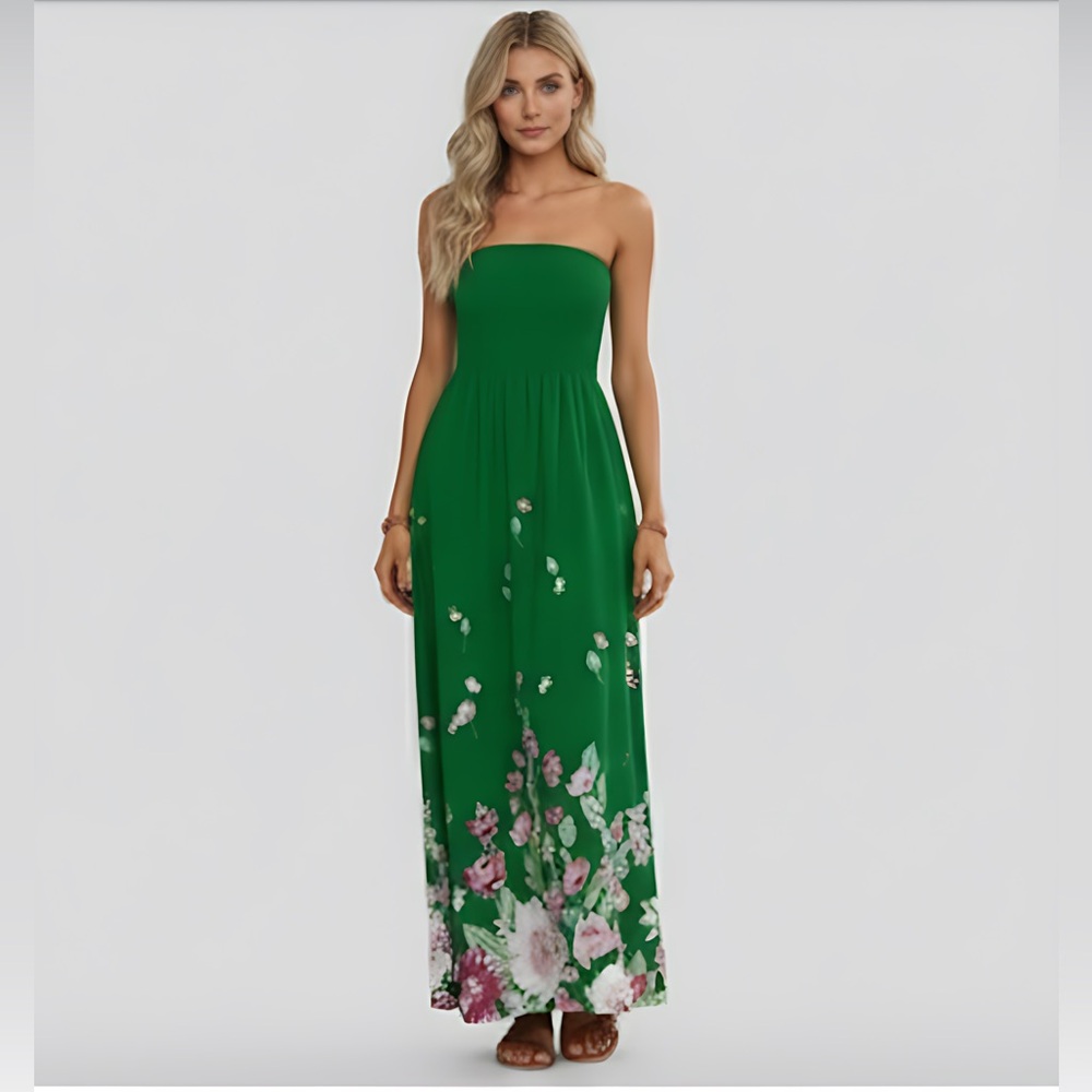 LAST ONE 🔥 Floral Print Strapless Shirred A-Line Dress Green - Picture 3 of 8